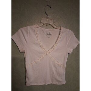Hollister Women's Cotton V Neck T-Shirt Baby Tee Size M White Lace Crop Top